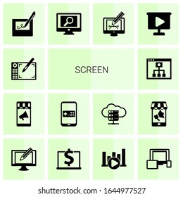 14 screen filled icons set isolated on white background. Icons set with Graphic tablet, Mobile marketing, Mobile game, Mobile Learning, electronic signature, analytics app icons.