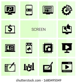 14 iconos rellenos de pantalla que se encuentran aislados en fondo blanco. Iconos establecidos con Entrenamiento por computadora, profesor de distancia, marketing móvil, marketing digital, aplicación de análisis, iconos de juegos para móviles.