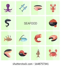 14 seafood flat icons set isolated on white background. Icons set with eel, grilled fish, Fishing, caviar, octopus, sardine, oyster, lobster, mussel, seafood soup, smoked fish icons.