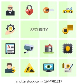 14 iconos planos de seguridad establecidos aislados en fondo blanco. Iconos establecidos con la industria de la tecnología punta, Web Hosting, cámara de seguridad, Tokens, bloqueo de corazón, Palabra clave, Autonomous, iconos de cuenta.