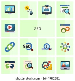 14 seo flat icons set isolated on white background. Icons set with Video marketing, link building, SEO, Website optimization, SEO monitoring, Pay per click, eCommerce Strategy icons.