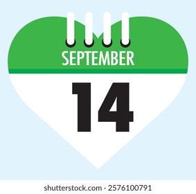 14 September calendar icon green heart shape on light sky blue color background, calendar vector symbol for the month of September.