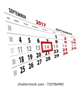 14 September highlighted on calendar 2017. Week starts from Monday. Vector Illustration.