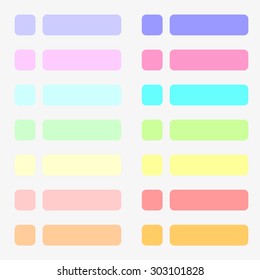 14 sets of flat buttons in pale pastel rainbow colors. Pink, orange, yellow, green, blue and purple.