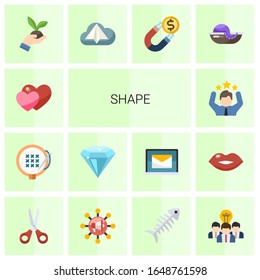 14 shape flat icons set isolated on white background. Icons set with love, embroidery, diamond, celebration, Gardening, Origami, Attract, seafood, Scissors, Global education icons.