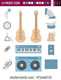 14 Sign of common musical instrument. Icon of guitar, microphone, accordion, synthesizer  and some music stuff. Outline colored style. 