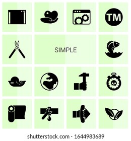 14 iconos sencillos rellenos establecidos aislados en fondo blanco. Iconos con tijeras de jardín, mariscos, globo, mariscos, mariscos, software, cuidado, optimización de sitios web, Marca comercial, iconos textiles.