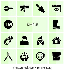 14 simple filled icons set isolated on white background. Icons set with Trademark, Attract, User, Rubber boots, Keyword, Plumbing service, trowel, wedding date, Gardening scissors icons.
