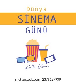 14 kasım dünya sinema günü kutlu olsun
popcorn, cinema glasses, ticket, drink vector. translation:  happy world cinema day