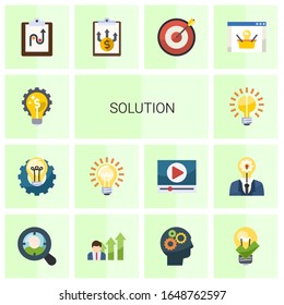 14 solution flat icons set isolated on white background. Icons set with Marketing solutions, Creative process, Idea, Brain bulb, tactics, Business Planning, Target, ecommerce solutions icons.