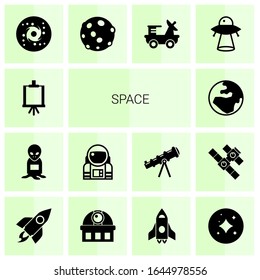 14 space filled icons set isolated on white background. Icons set with Easel, alien, astronaut, globe, galaxy, moon, moon rover, ufo, rocket, observatory, spaceship, stars icons.