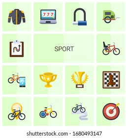 14 sport flat icons set isolated on white background. Icons set with tactics, Smart bike, award, Bike Child seat, jacket, online casino, Bike padlock, pet trailer, rental icons.