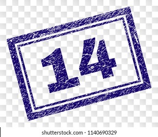 14 stamp seal imprint with rubber print style and double framed rectangle shape. Stamp is placed on a transparent background. Blue vector rubber print of 14 text with dirty texture.