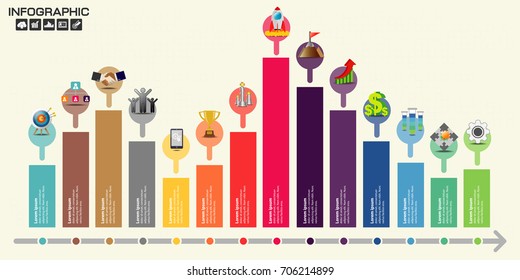 14 Steps Diagram Template. Timeline, graph, chart with icon, how to success concept.