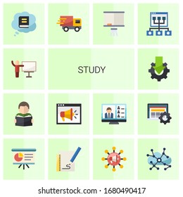 14 study flat icons set isolated on white background. Icons set with coach, Reading, Video training, Online tutorial, Knowledge, Webinar, Board stand, Online coaching, Presentation icons.