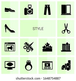 Los iconos rellenos de estilo 14 están aislados en fondo blanco. Iconos con zapatos de mujer, anuncios publicitarios, salón de peluquería, tijeras, zapatos de hombre, fotografía de boda, pantalones, iconos de ventana.