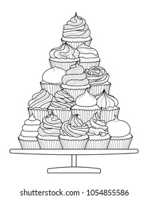 14 styles of cupcakes in black outline put on stand on white background. Background design in vector illustration.