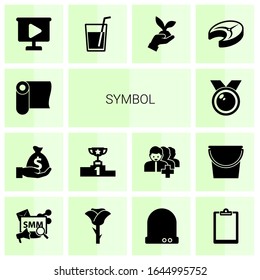 14 symbol filled icons set isolated on white background. Icons set with textile, Deposit, competition, medal, video Presentation, drinks, Gardening, fish steak, Social Media Marketing icons.