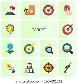 14 target flat icons set isolated on white background. Icons set with Marketing solutions, Geo Targeting, Target keywords, goal, attainment, sniper, Target, Click Through Rate icons.