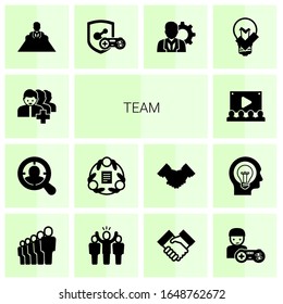 14 team filled icons set isolated on white background. Icons set with Followers, Target Audience, teamwork, Audience, director, game clan, manager, great solution, staff icons.