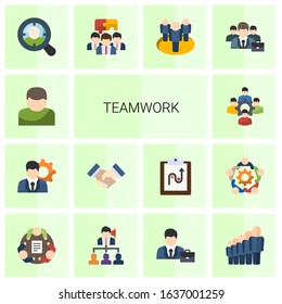 14 teamwork flat icons set isolated on white background. Icons set with User, manager, partnership, colleague, Target Audience, Team building, team, business people, Leadership icons.