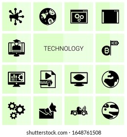 14 technology filled icons set isolated on white background. Icons set with eCommerce Strategy, Accounting software, Video Compression, Initial Coin Offering, Advertising Networks icons.