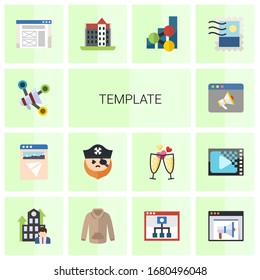 14 iconos planos de plantilla establecidos aislados en fondo blanco. Iconos con marketing de medios sociales, página de aterrizaje, pirata, sitio web Promo, wireframe, castillo, íconos de tendencias de medios sociales.