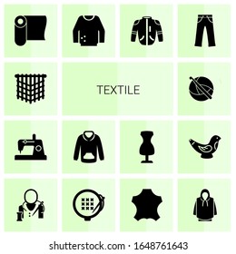 14 textile filled icons set isolated on white background. Icons set with macrame, Sewing, sweatshirt, crochet, jumper, jacket, jeans, tailor, embroidery, leather, hoodie icons.