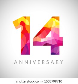 14 th anniversary numbers. 14 years old multicolored logotype. Age congrats, congratulation art idea. Isolated abstract graphic design template. Coloured 1, 4 digits. Up to 14% percent off discount.