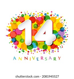 14 th anniversary numbers. 14 years old coloured congrats. Cute congratulation concept. Isolated abstract graphic design template. 3 D art white digits. Up to 14% off discount idea. Decorative sign.