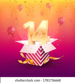 14 th years anniversary vector design element. Isolated forteen years jubilee with gift box, balloons and confetti on a bright background. 