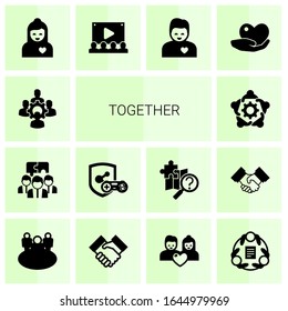 14 together filled icons set isolated on white background. Icons set with colleague, Team building, game clan, teamwork, boyfriend, Audience, girlfriend, caring, team, cooperation icons.