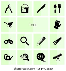 14 tool filled icons set isolated on white background. Icons set with Wheelbarrow, joystick, Magnifier, Garden gloves, stepladder, paint bucket, Pen, Gardening tools, Watering can icons.