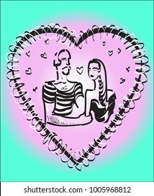 14 Valentine's day vector illustration. Lovers in heart shape menthol mint color gradient. Heterosexual couple man and woman passion textile print
