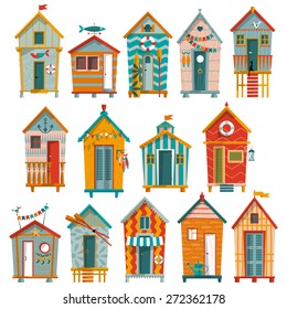 14 various multi-colored Beach Huts. Vector illustration