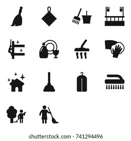 14 vector icon set : broom, rag, bucket and broom, skyscapers cleaning, skyscrapers cleaning, dish cleanser, vacuum cleaner, wiping, house cleaning, plunger, dry wash, brush, garden cleaning