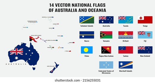 14 Vector national flags and map of Australia and Oceania
