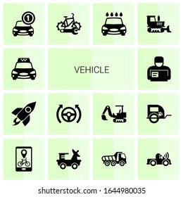 14 vehicle filled icons set isolated on white background. Icons set with Taxi service, rocket, Autopilot, Delivery service, Car rental, bike repair service, Car wash icons.