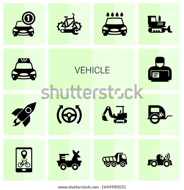 14 vehicle filled\
icons set isolated on white background. Icons set with Taxi\
service, rocket, Autopilot, Delivery service, Car rental, bike\
repair service, Car wash\
icons.