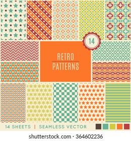 14 Vintage different vector seamless patterns. Endless texture for wallpaper, fill, web page background, surface texture. Set of monochrome geometric ornament. Shabby colors.