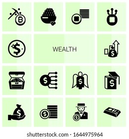 14 wealth filled icons set isolated on white background. Icons set with Net Income, treasure, Marketing budget, Asset, Mining, caviar, Tokens, Fork, Deposit, bet, rich man icons.