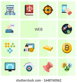 14 web flat icons set isolated on white background. Icons set with online store, Clustering, social media management, space, Online coaching, Law, Shooter, testing, Computer repair icons.