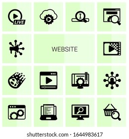 14 iconos rellenos de sitio web establecidos aislados en fondo blanco. Iconos establecidos con redes de publicidad, cometa, reproductor de medios, Codificación, transmisión de eventos en vivo, servicio de transmisión, iconos del motor de búsqueda.