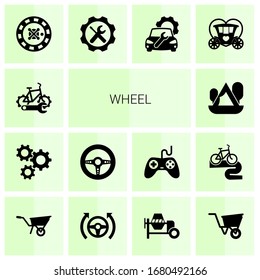 14 wheel filled icons set isolated on white background. Icons set with bike repair service, cogwheel, Race game, Camping, roulette, Repair service, Car repair service, Brougham icons.