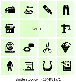 14 white filled icons set isolated on white background. Icons set with Game-based Learning, Business incubator, Chat Bot, tower crane, gifts, Pasta, Cutter knife, trousers icons.