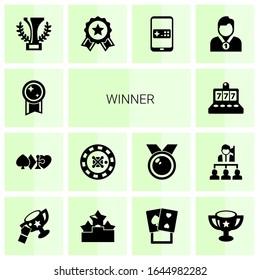 14 winner filled icons set isolated on white background. Icons set with victory, gambling, roulette, slot machine, champion, achievement, Mobile game, success, Ranking icons.