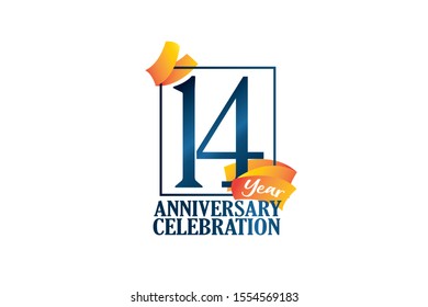 14 Year Anniversary Blue Color with Block Frame and Orange-Yellow Ribbon, Classic Style For Invitation, banner, ads, greeting card - Vector