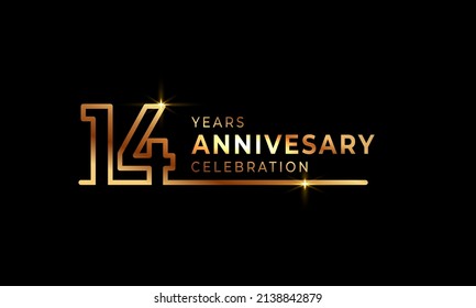 14 Year Anniversary Celebration Logotype with Golden Colored Font Numbers Made of One Connected Line for Celebration Event, Wedding, Greeting card, and Invitation Isolated on Dark Background