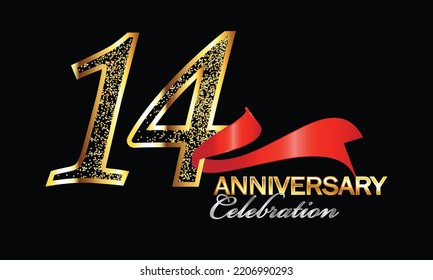 14 Year Anniversary celebration Vector Design with red ribbon and glitter . 14th Anniversary celebration. Gold Luxury Banner of 14th Anniversary. fourteenth celebration card. Vector anniversary