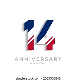 14 Year Anniversary Celebration with White Slash in Red and Blue American Flag Color. Happy Anniversary Greeting Celebrates Event Isolated on White Background